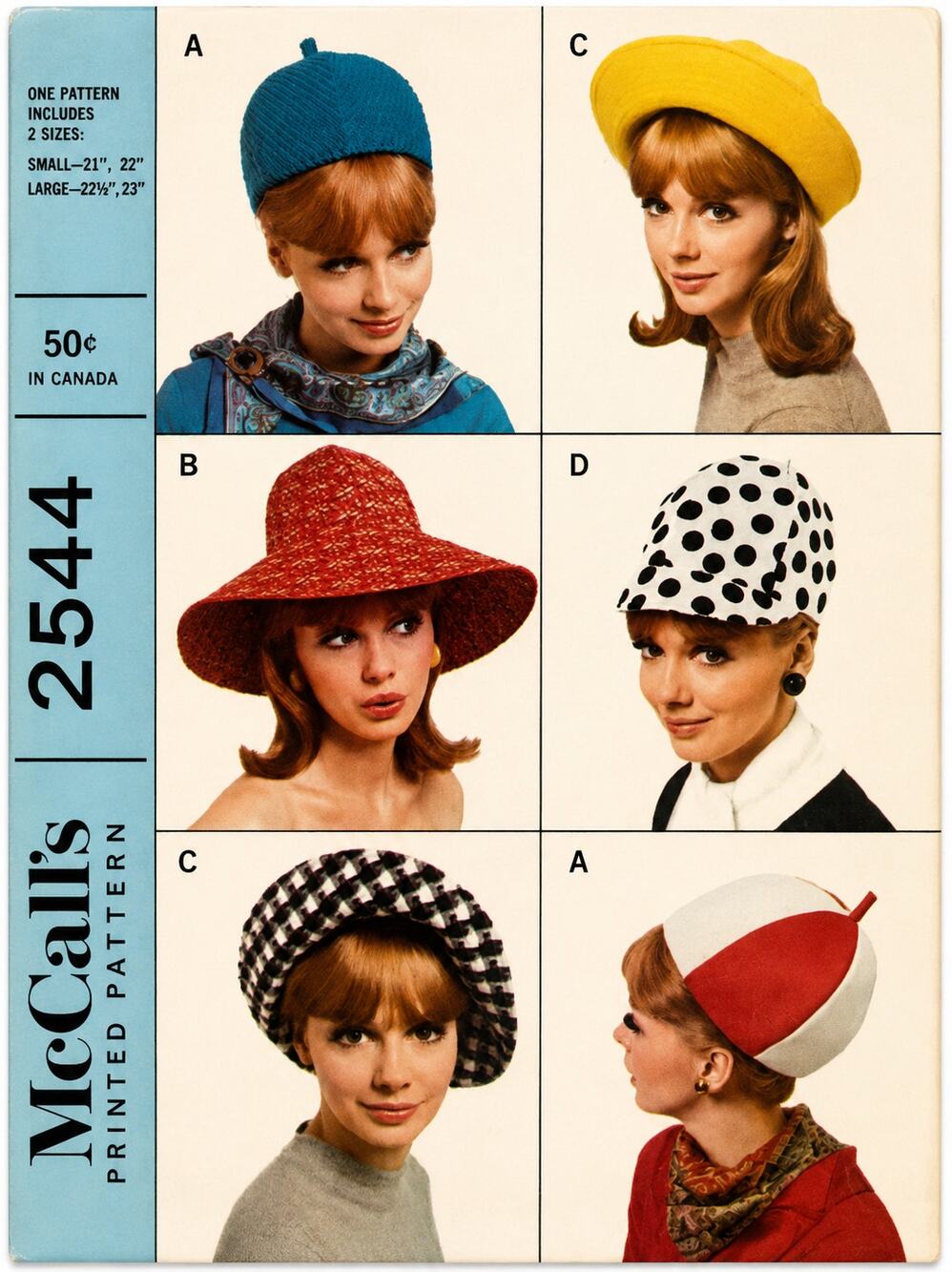 Vintage 60's McCall's Pattern 8254 Hat Wardrobe Small/Large 21-1/2"-23" Uncut